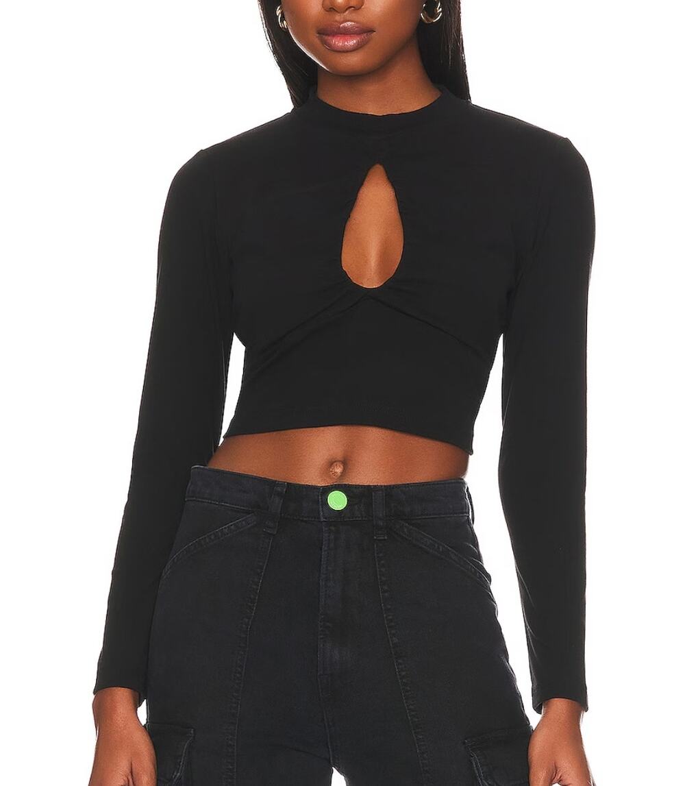 Callahan Black Crop Top LARGE Cotton Keyhole Cutout Bodycon Long Sleeve $88 NEW